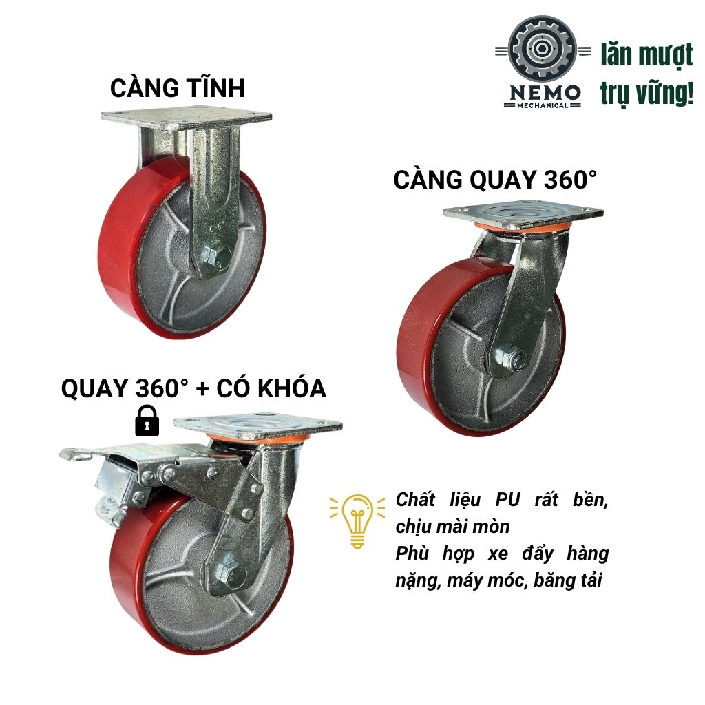 Bánh Xe PU Lõi Sắt Tải Nặng – Khung Càng Thép 5.5mm (D100, D125, D150, D200)